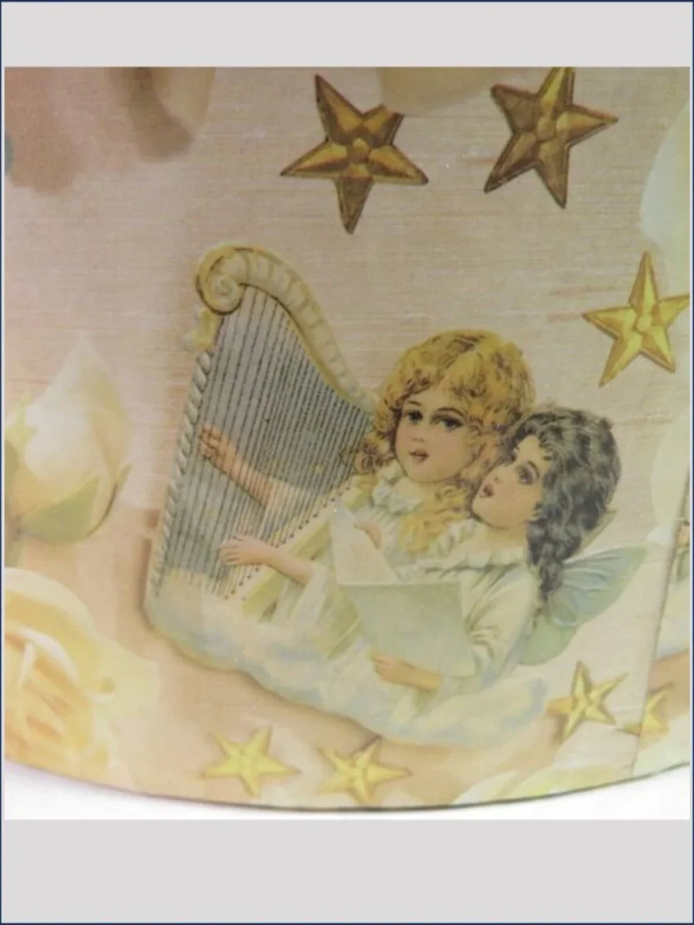 Vintage Cherub Angel Large Round Hat Box Floral Wired Bow Yellow Roses Stars